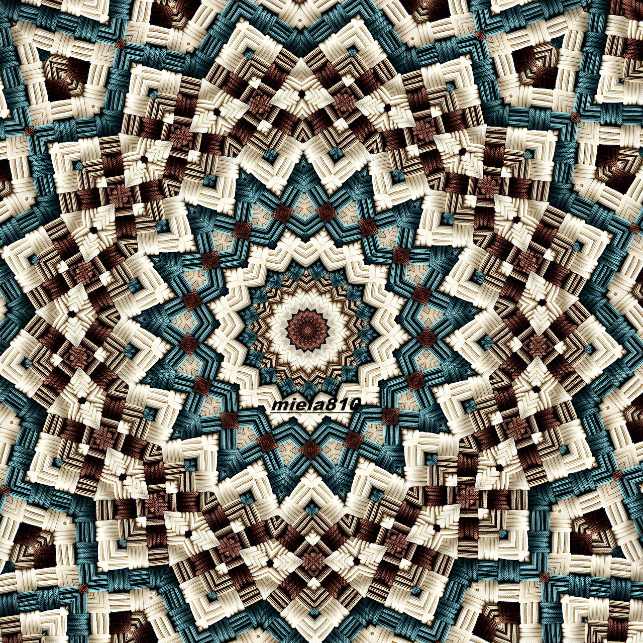 Symmetrical mandala with geometric star patterns in teal, brown and cream colors radiating from center