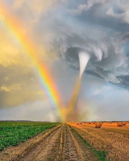 Rainbow and tornado funnel cloud over green and harvested farm fields under stormy skies