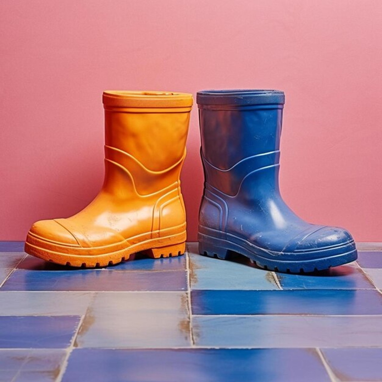 Orange and blue rain boots on a blue tiled floor with a pink background