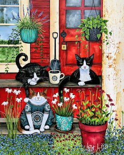 Three cats sitting on a rustic porch with red door, hanging plants, and colorful flower pots