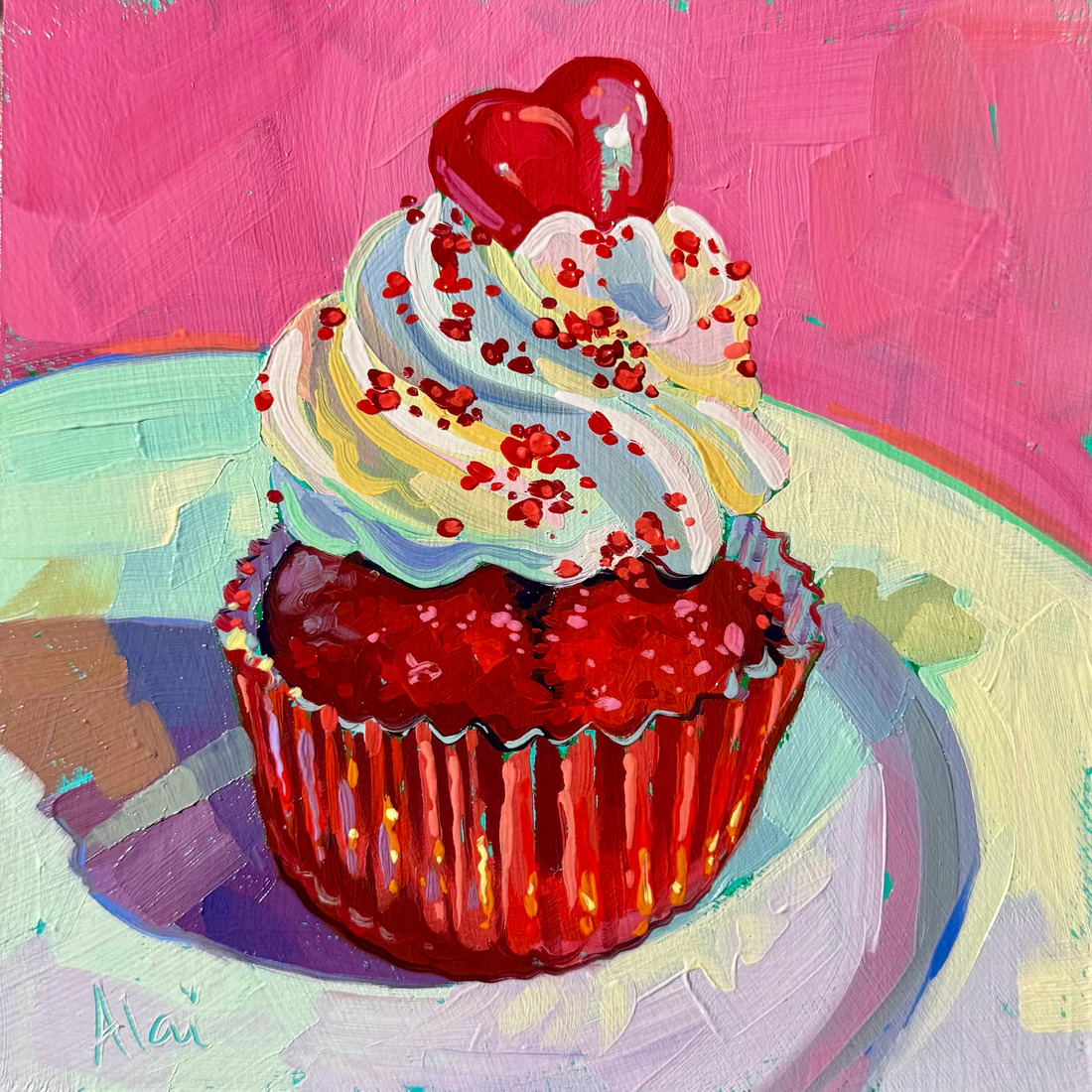 Painting of a cupcake with white frosting, red sprinkles, and a cherry on top on a plate