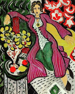 Woman in pink striped robe beside yellow flowers, colorful decorative painting
