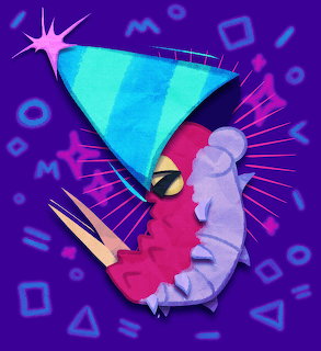 Colorful cartoon profile character wearing a blue party hat on a purple geometric background.