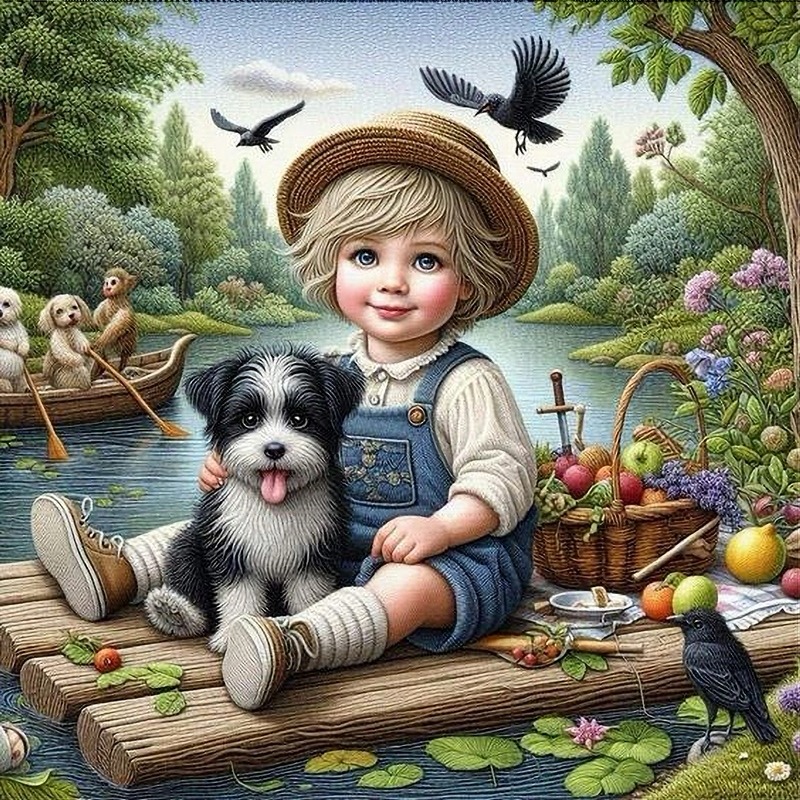 Illustrated girl and fluffy dog sitting on a wooden dock by a pond with birds, flowers, and a small boat