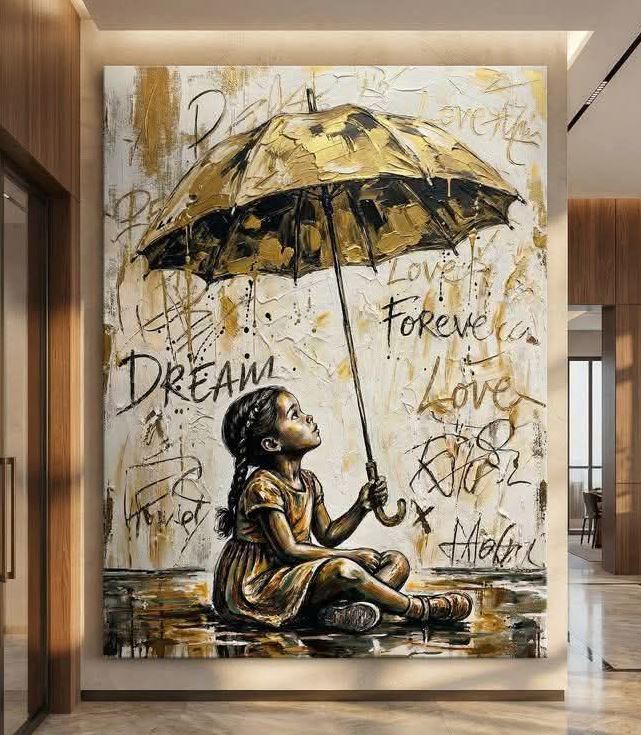 Street art painting of a girl sitting with a golden umbrella, graffiti words in background
