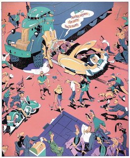 Retro comic illustration of a chaotic street scene with a car accident, pedestrians, and a green bus