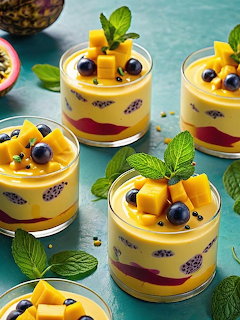 Five layered mango and berry dessert cups garnished with mint leaves on turquoise background