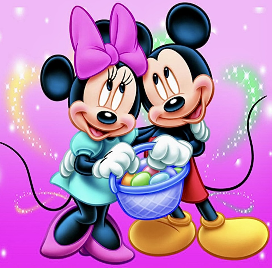 Mickey Mouse and Minnie Mouse holding a basket of Easter eggs on a pink background