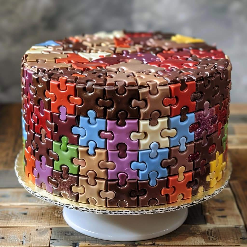 Round cake decorated with multicolored fondant puzzle pieces on white stand