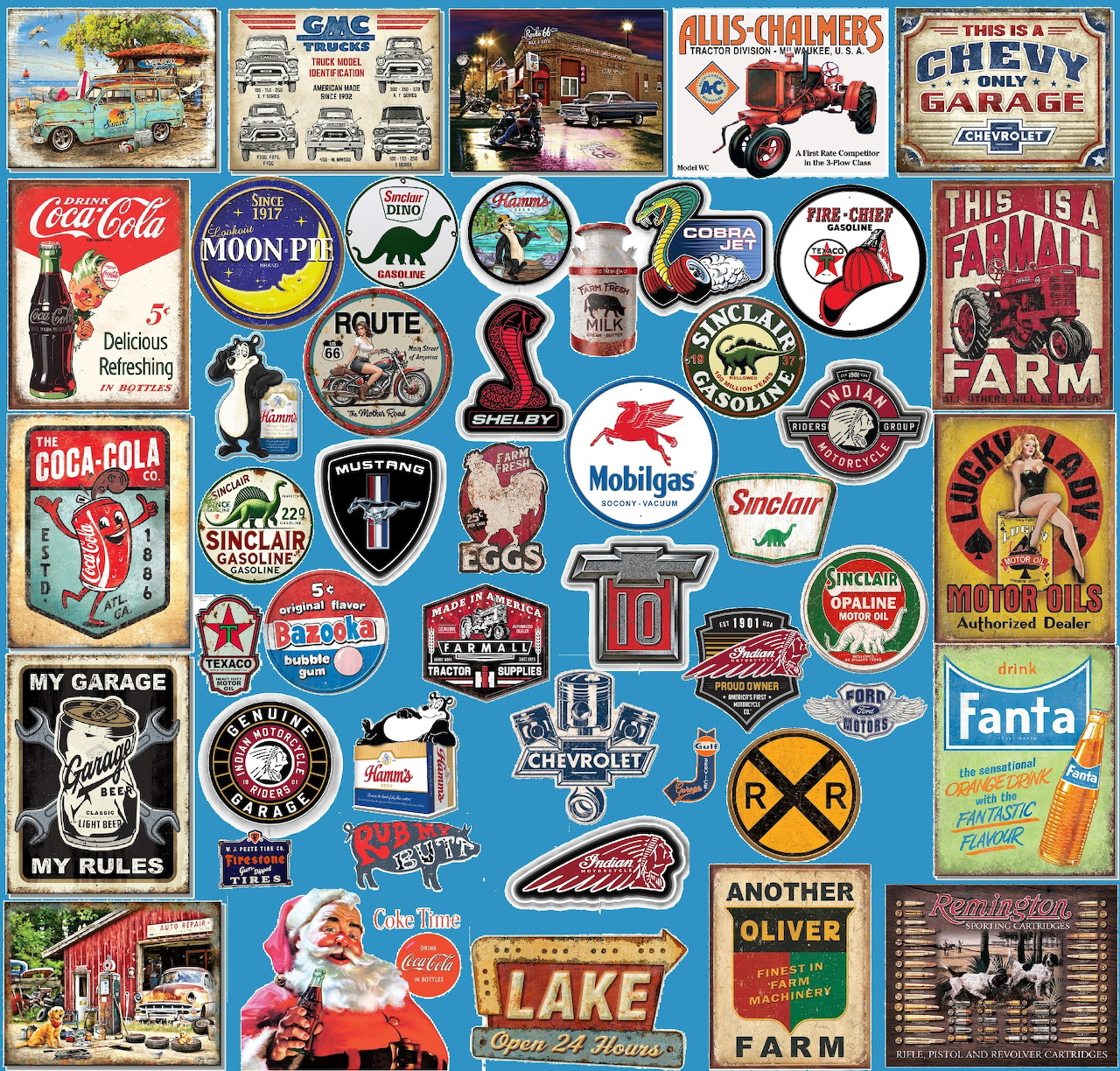 Collage of vintage advertising signs, soda labels, gas logos, and retro farm posters on blue