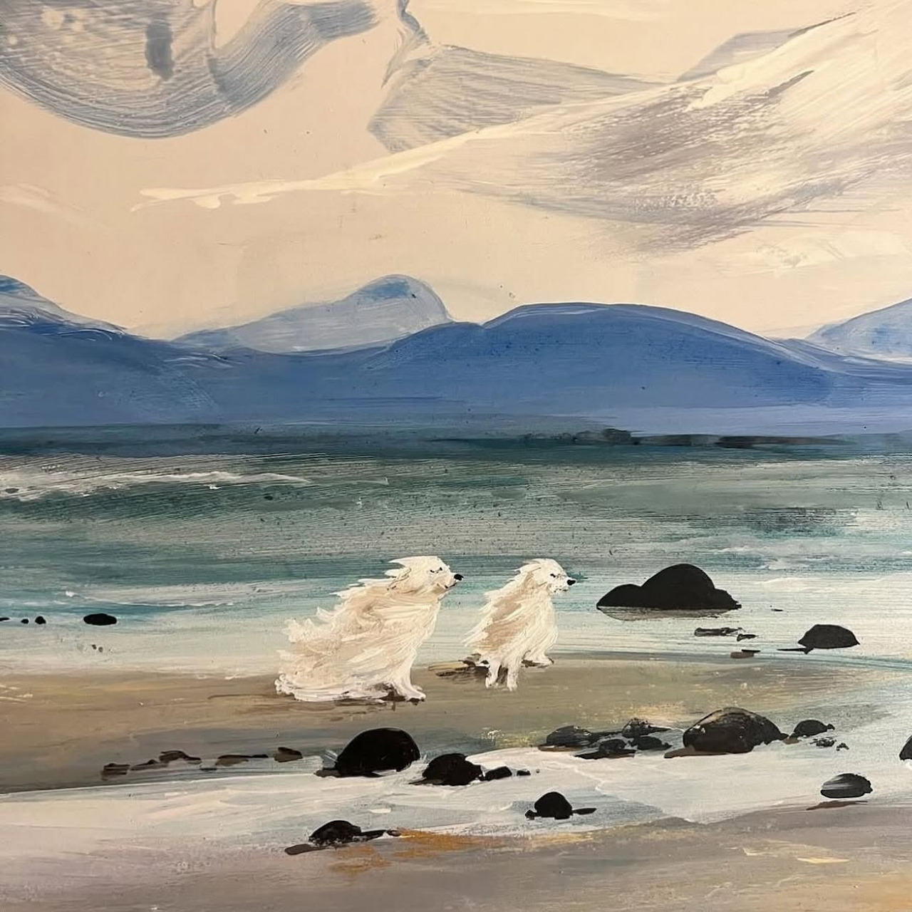 Painting of two white dogs on a rocky beach beside calm water and distant blue hills