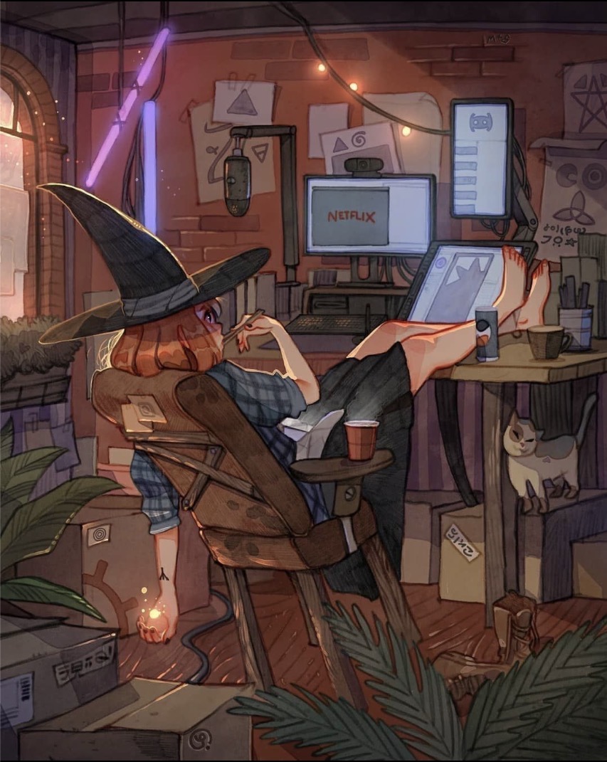 Illustration of a witch-hatted person lounging by a desk in a cozy room with candles and a cat