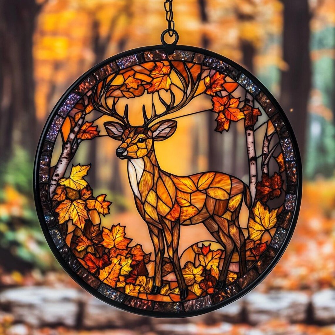 Circular stained glass suncatcher with a deer and autumn leaves hanging before a blurred forest