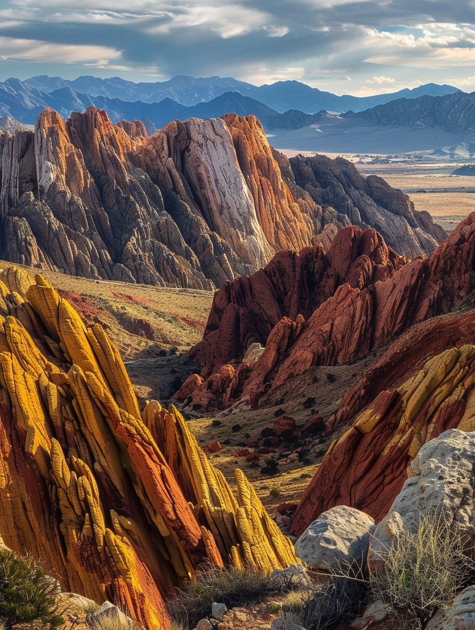 Red and golden sandstone cliffs in a rugged canyon with distant blue mountains and cloudy sky