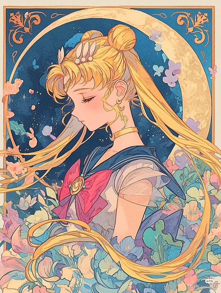 Sailor Moon illustration in Art Nouveau style with long blonde hair, pastel flowers, and a crescent moon background