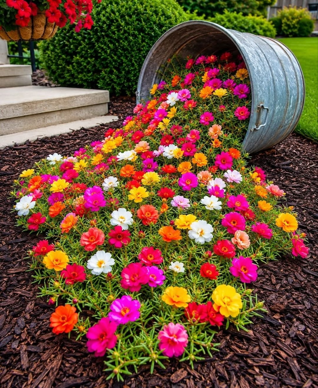 Vibrant flowers pouring from a metal barrel onto dark mulch in a garden
