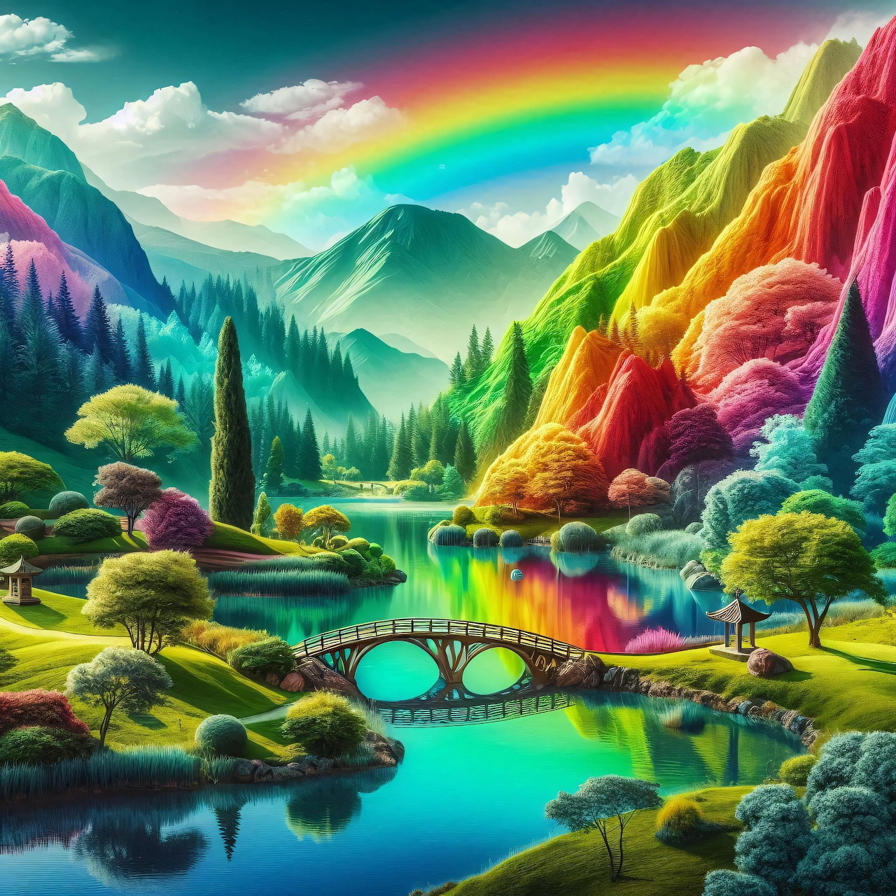 Colorful fantasy landscape with rainbow mountains, lake reflections, trees, and a small bridge