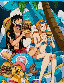 Anime characters Nami, Chopper and Luffy enjoying burgers under palm trees on a tropical beach
