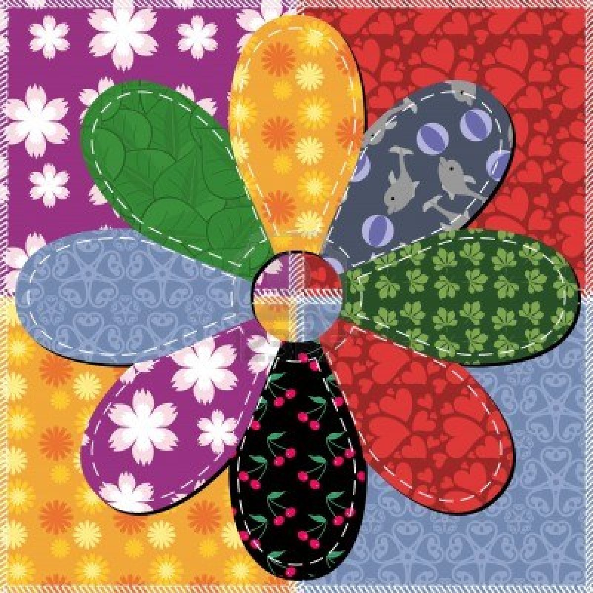Colorful patchwork fabric flower with eight petals in different patterns and a button center