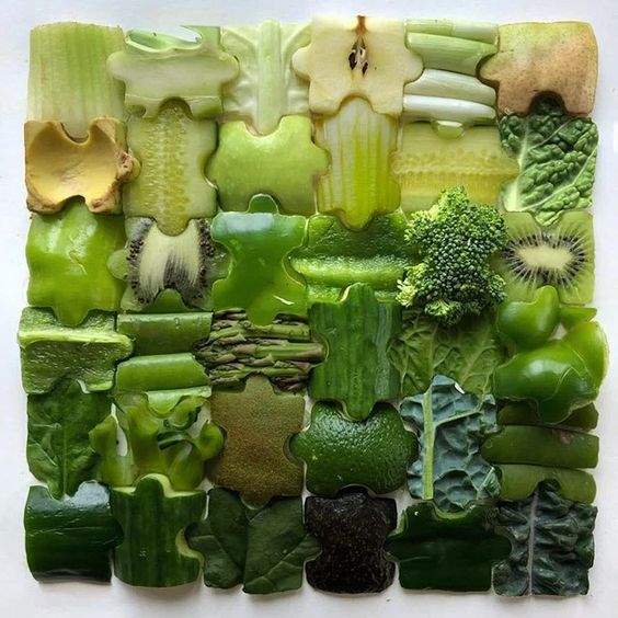 Grid collage of assorted green vegetables and fruits arranged like puzzle pieces