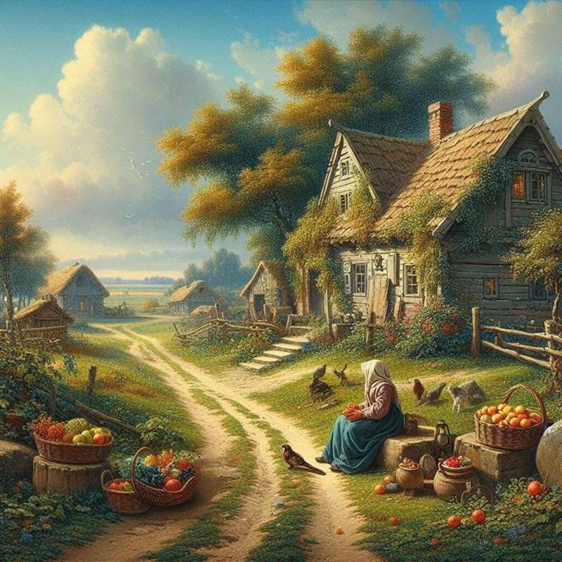 Painting of a rustic cottage by a country path with produce baskets and chickens
