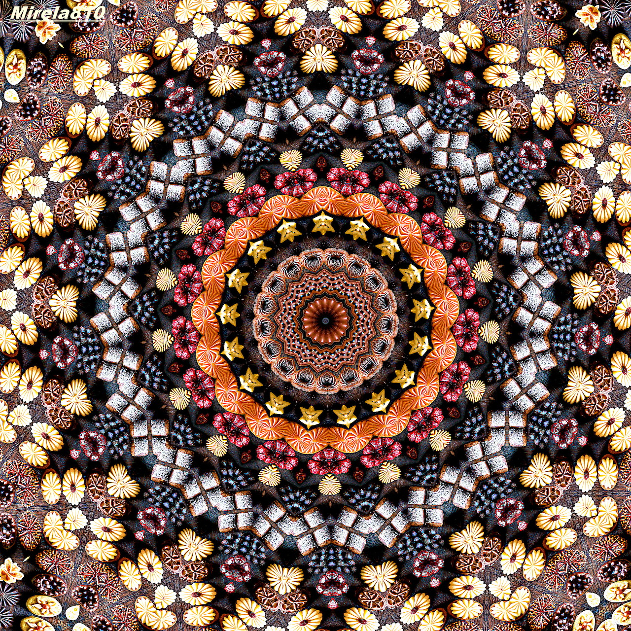 Intricate circular mandala with geometric patterns and floral elements in multiple colors radiating from center