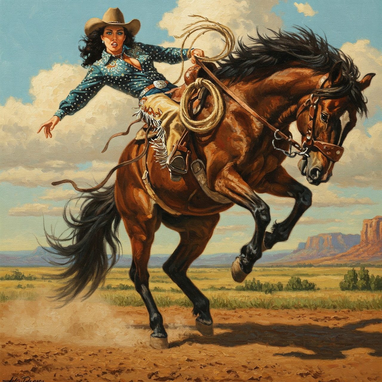 Cowgirl with lasso riding a bucking brown horse in a desert landscape with blue sky and distant mesas