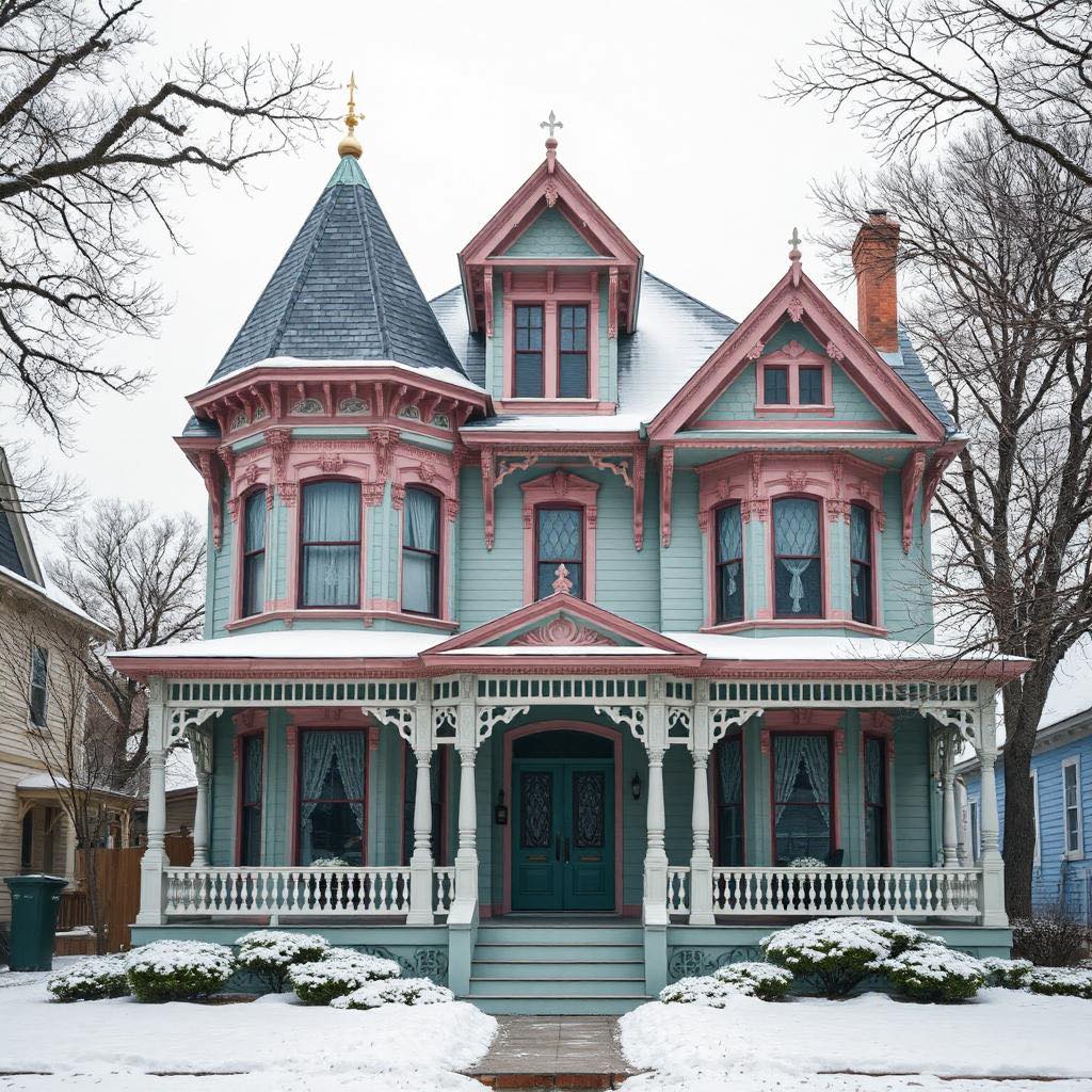 Pink and turquoise Victorian house with tower and porch in snow