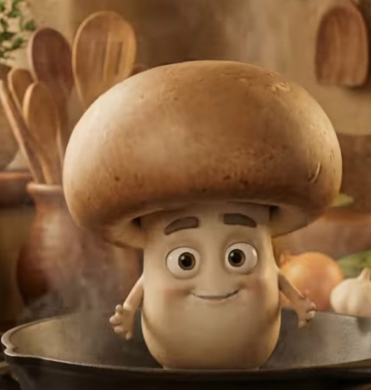 Cute 3D animated mushroom character with brown cap and smiling face in kitchen