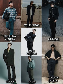 Collage of six male fashion model photos wearing dark designer outfits