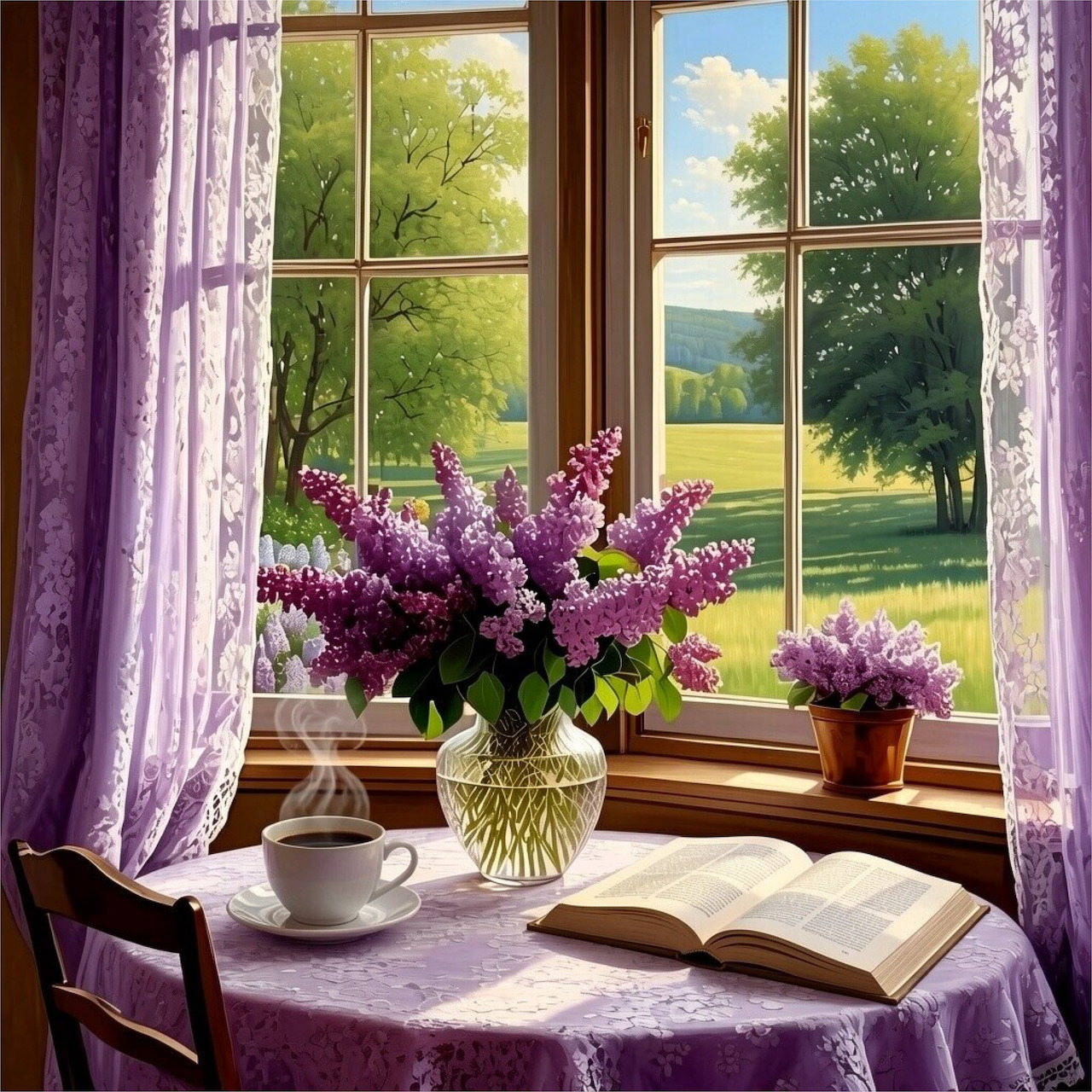 Purple lilac flowers in vase beside open book and coffee cup on sunny windowsill with garden view