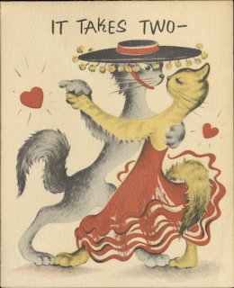 Vintage illustration of two cats dancing in clothes with small red hearts and the words 'It Takes Two'