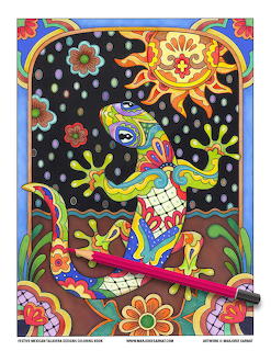 Colorful talavera-style gecko illustration with flowers, sun, and black dotted background