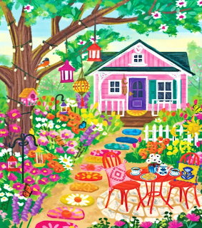Painting of a lush flower garden with colorful blooms