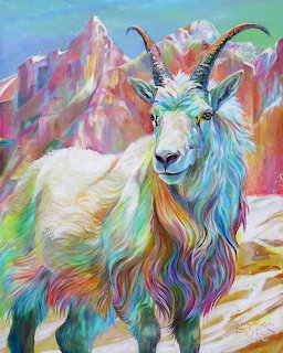 Colorful acrylic painting of mountain goat with rainbow fur in front of pink mountains