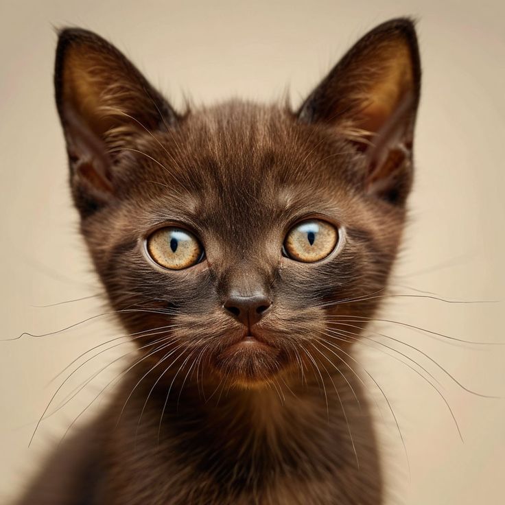 Close-up of a dark brown kitten with golden eyes looking directly at the camera