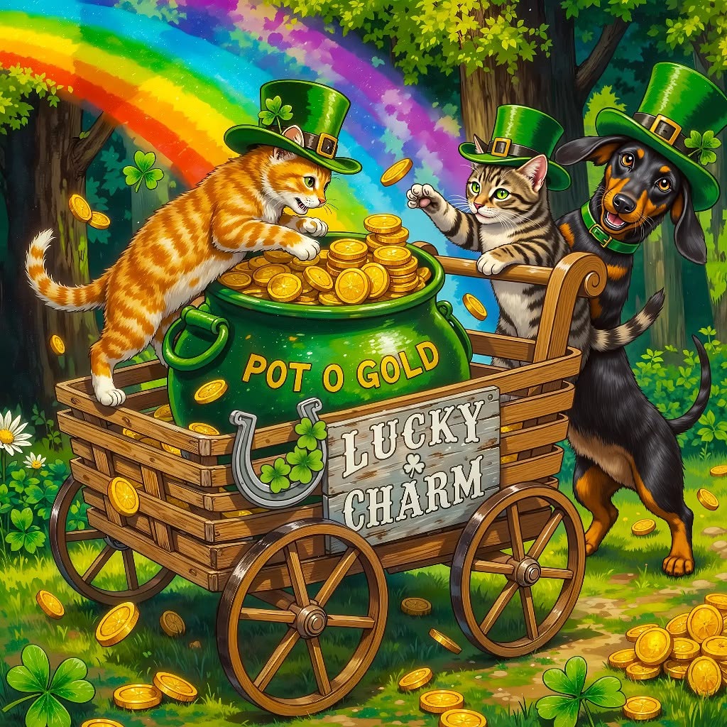 Three cats wearing green leprechaun hats around a cart with a pot of gold under a rainbow