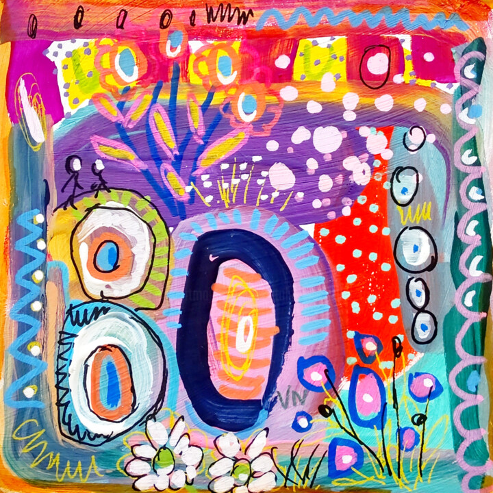 Colorful abstract painting with geometric shapes, circles, and floral patterns in bright red, yellow, blue, and purple tones