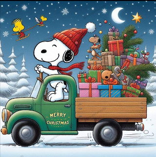 Snoopy wearing Santa hat on green truck bed with Christmas presents, tree, and Woodstock bird in winter night scene