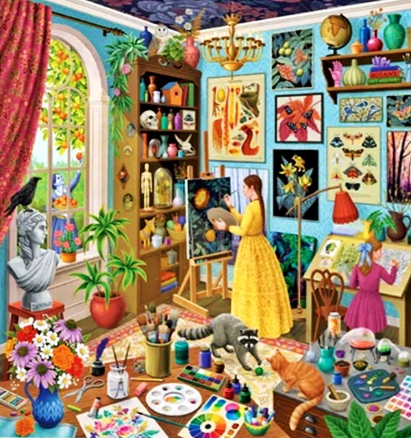 Colorful illustration of a busy art studio with a woman painting at an easel surrounded by artwork and animals
