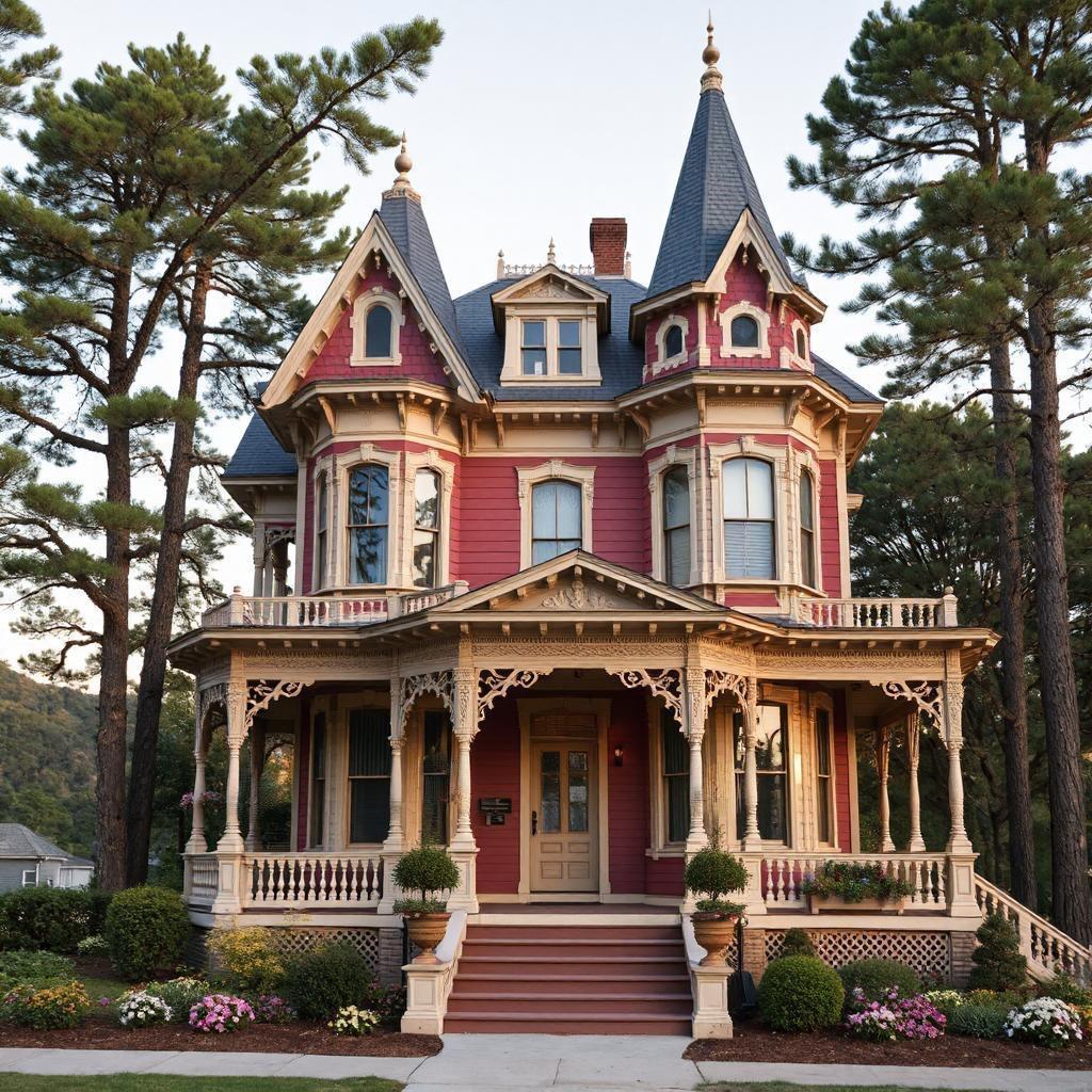 Elaborate pink Victorian house with turrets, ornate trim, and front porch surrounded by pine trees