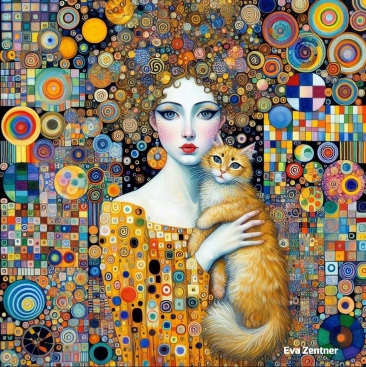 Mosaic art portrait of woman with decorative hair holding orange kitten amid colorful geometric patterns