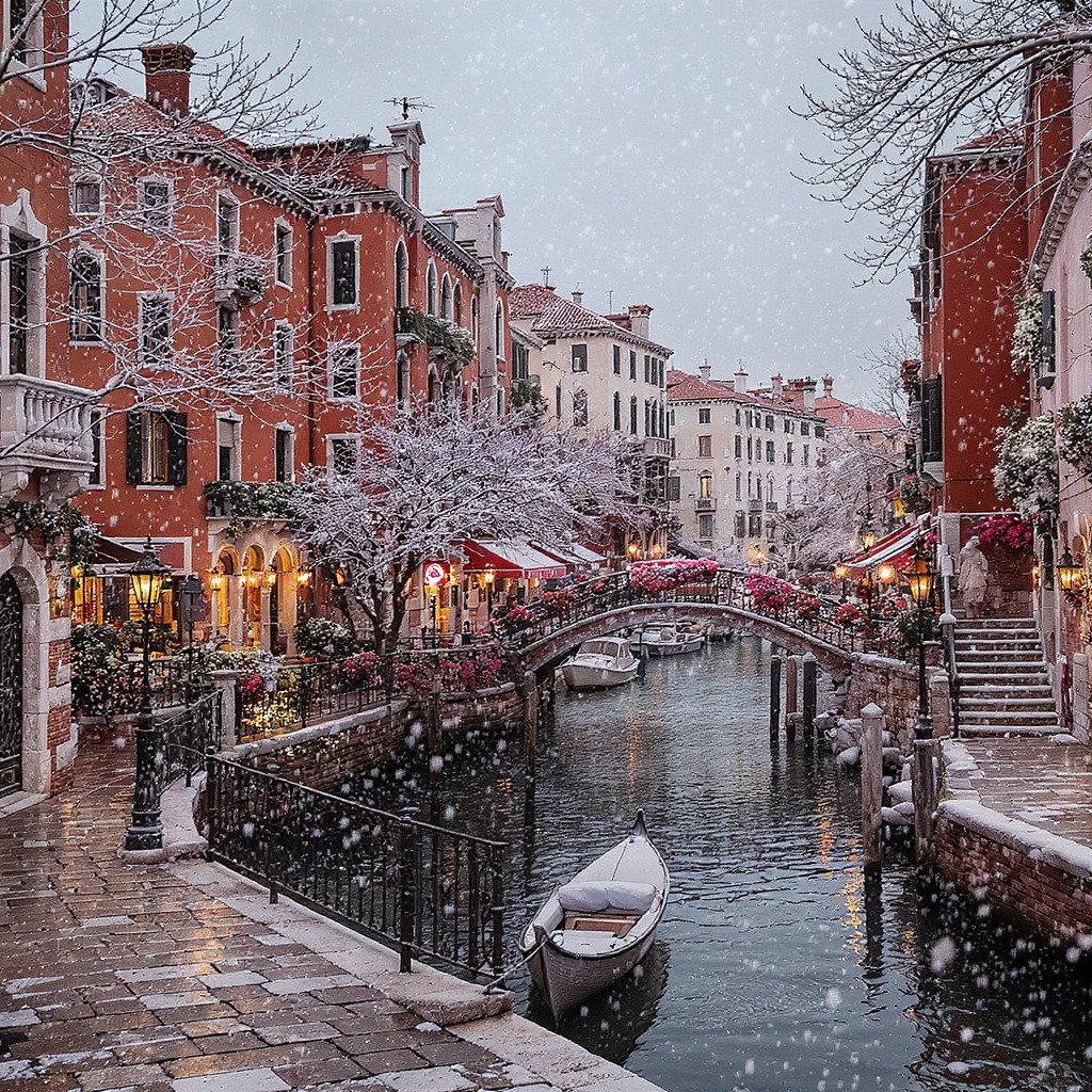 Snowy canal with bridges, colorful buildings, and a small boat in a winter city scene