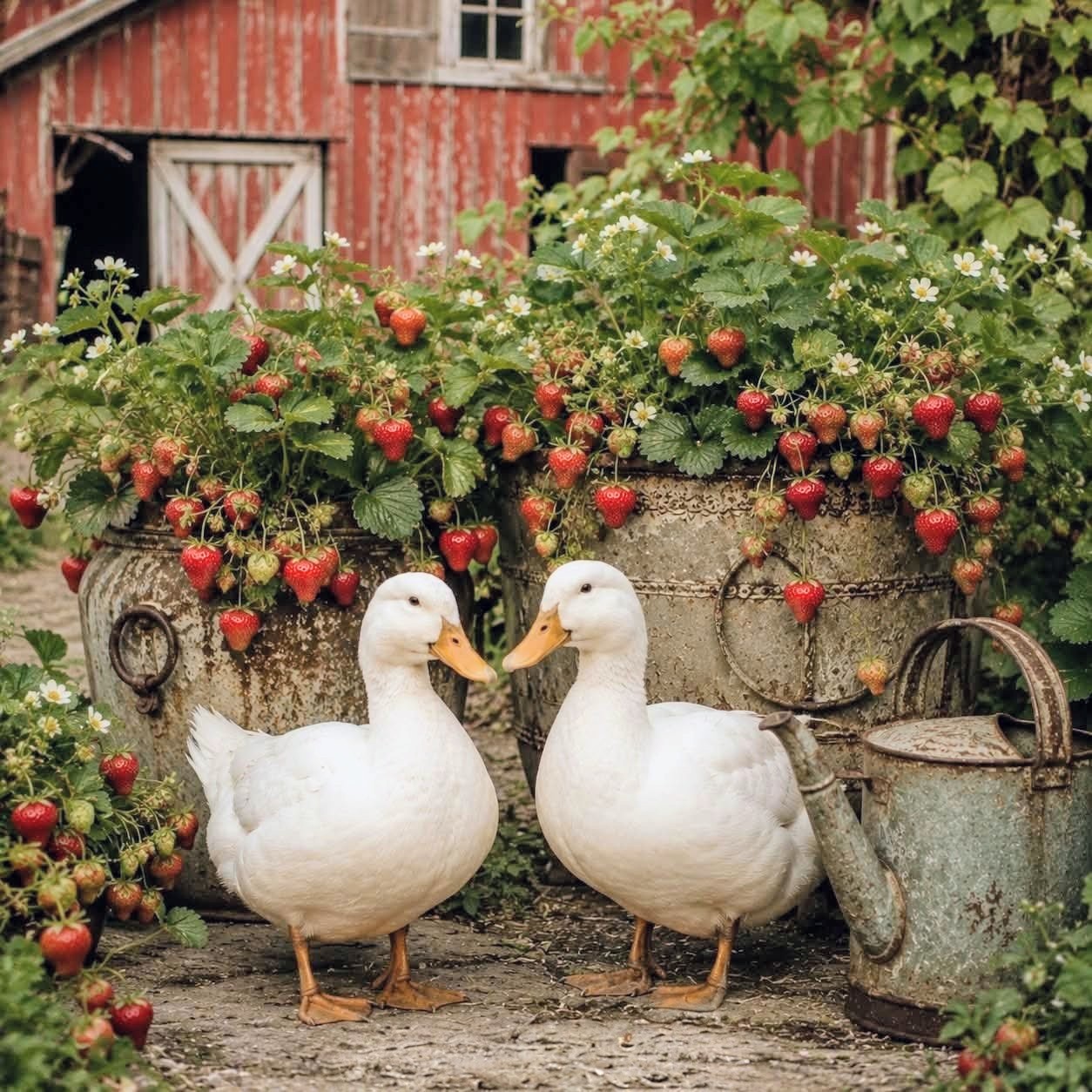 Two white ducks in front of strawberry plants in woven baskets with red barn behind