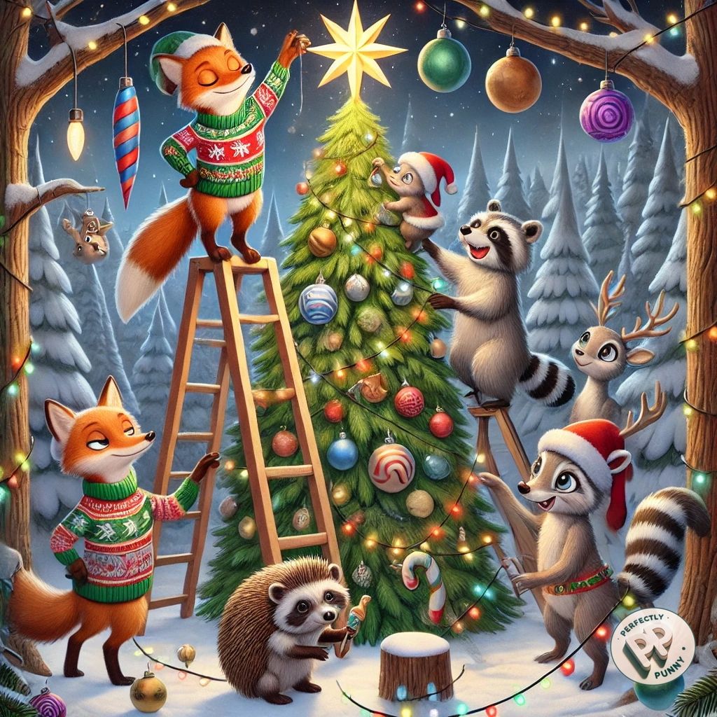 Cute forest animals decorating a Christmas tree in a festive winter scene with ornaments and snow
