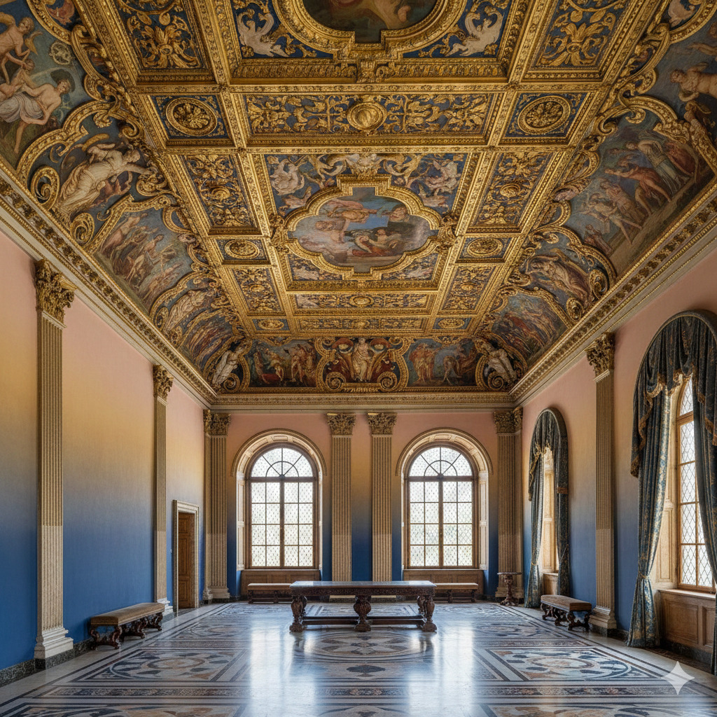 Ornate Renaissance palace hall with golden decorated ceiling, tall arched windows, and pink to blue gradient walls