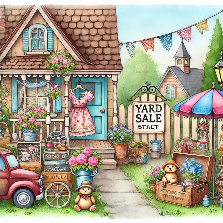 Whimsical illustration of a cottage yard sale with toys, flowers, vintage car, and decorative bunting