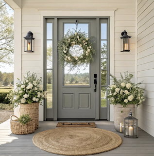 Gray front door with white wreath, sidelights, lanterns, and flower arrangements on farmhouse porch