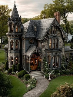 Gothic Victorian stone house with a tower, steep roof, and landscaped garden