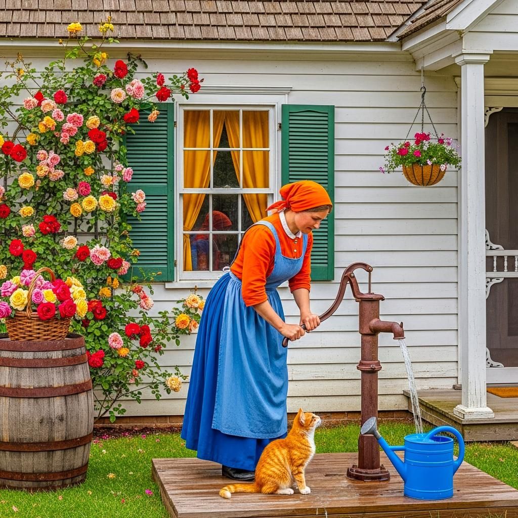 Woman in blue dress and orange top pumping water at cottage with colorful climbing roses and orange cat nearby